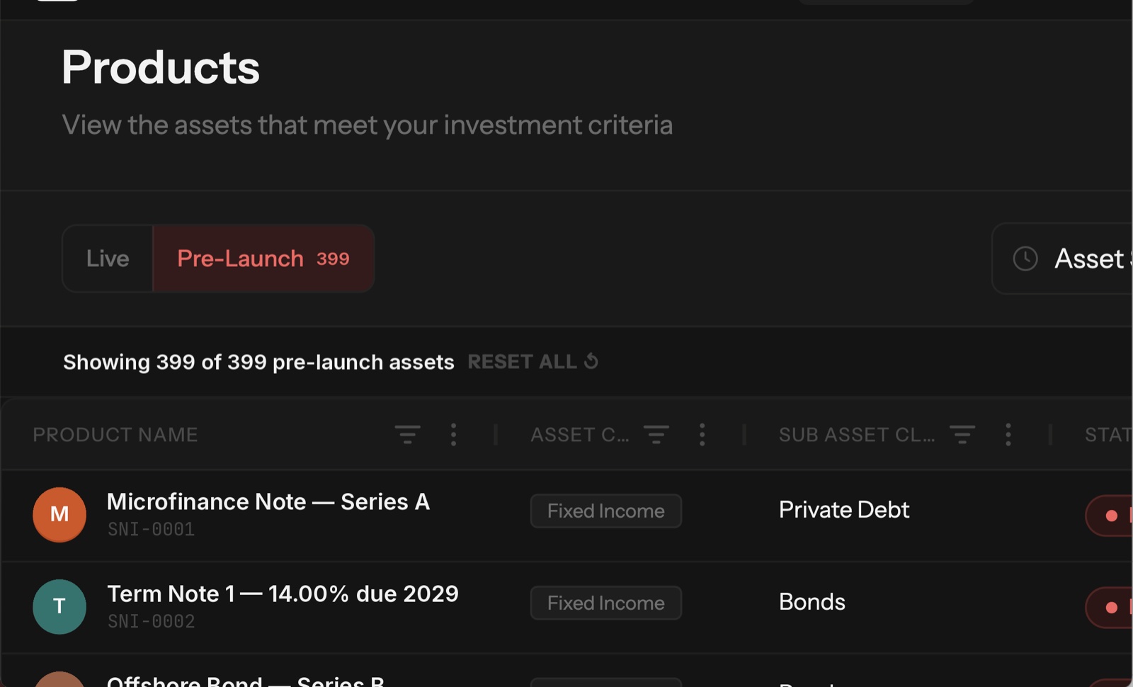 Syntera App pre-launch assets with asset class, sub-class and status