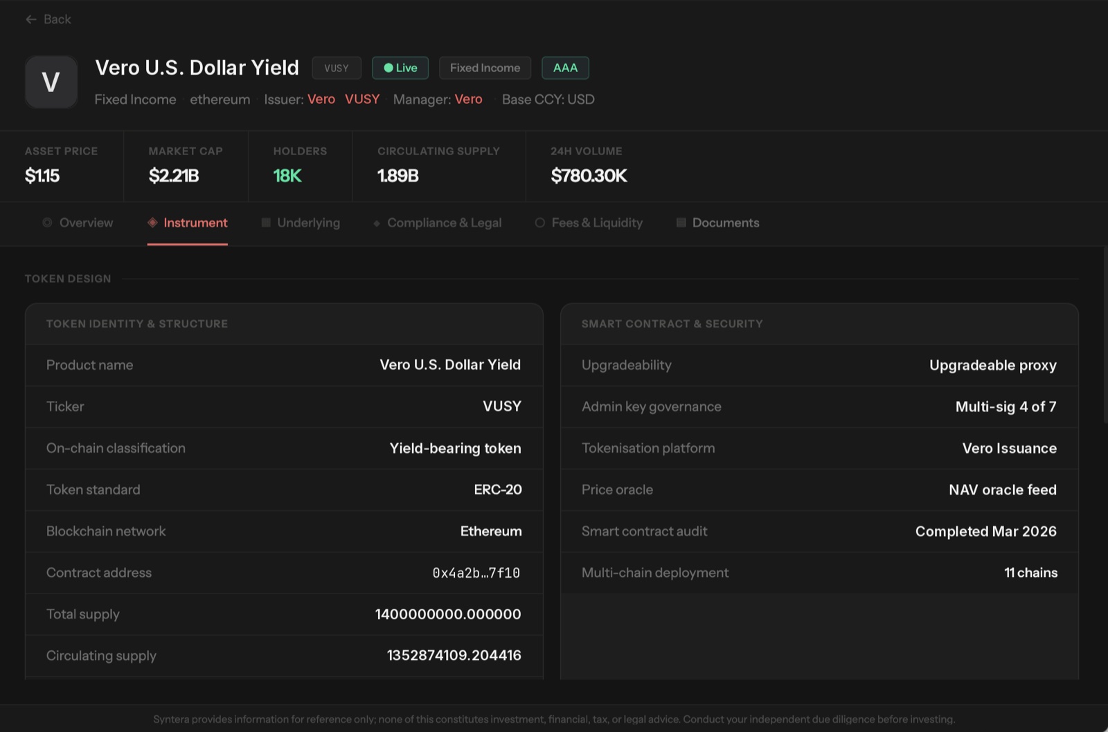 Syntera App asset page, Instrument tab